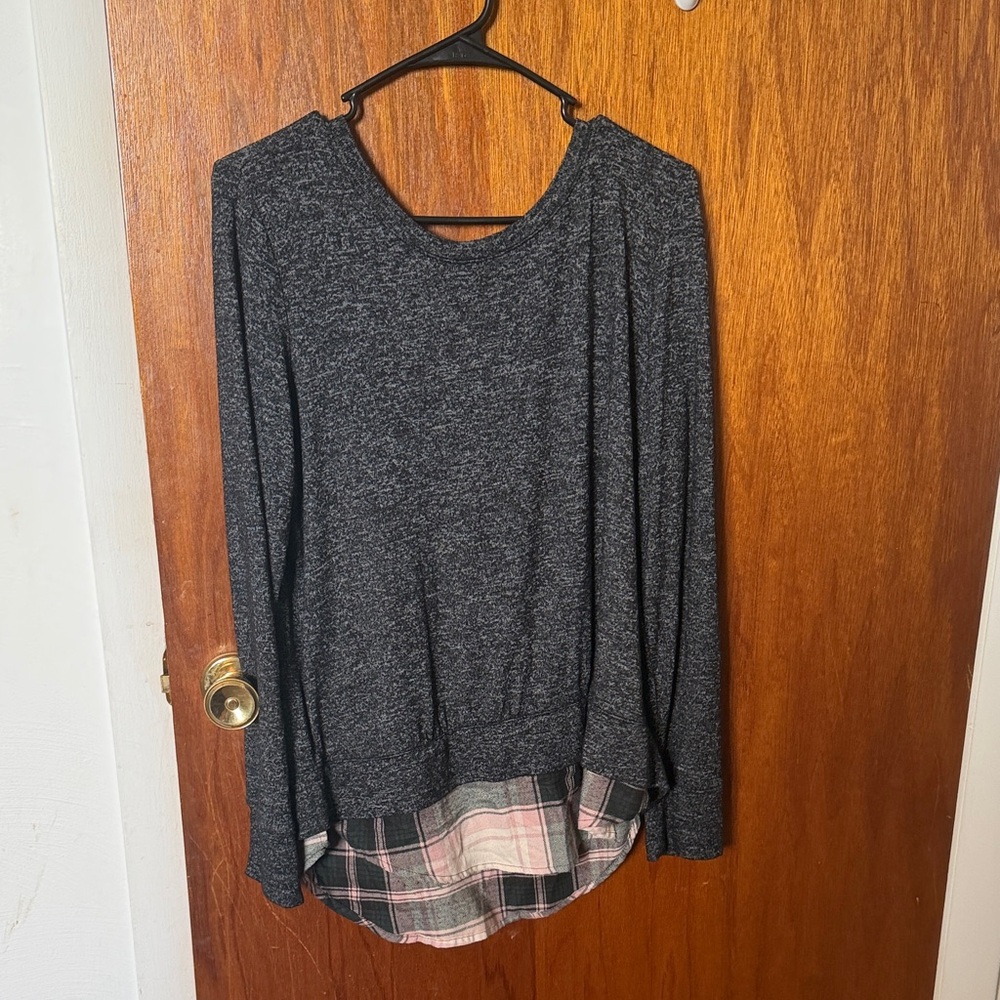 Maurices Charcoal Long Sleeve Top with Plaid Hem